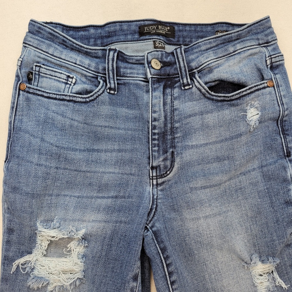 Judy Blue Jeans Womens 26 Blue Straight High Rise Distressed Raw Hem Denim - Picture 2 of 11